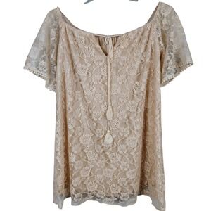 Solemio Womens S Lace Off Shoulder Tassel Top Cream Floral Boho Coquette